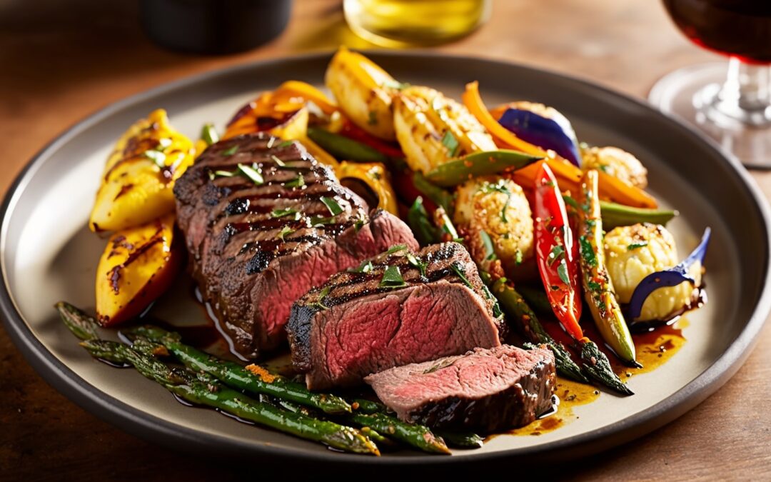 a plate of steak, potatoes, and asparagus with a glass of wine